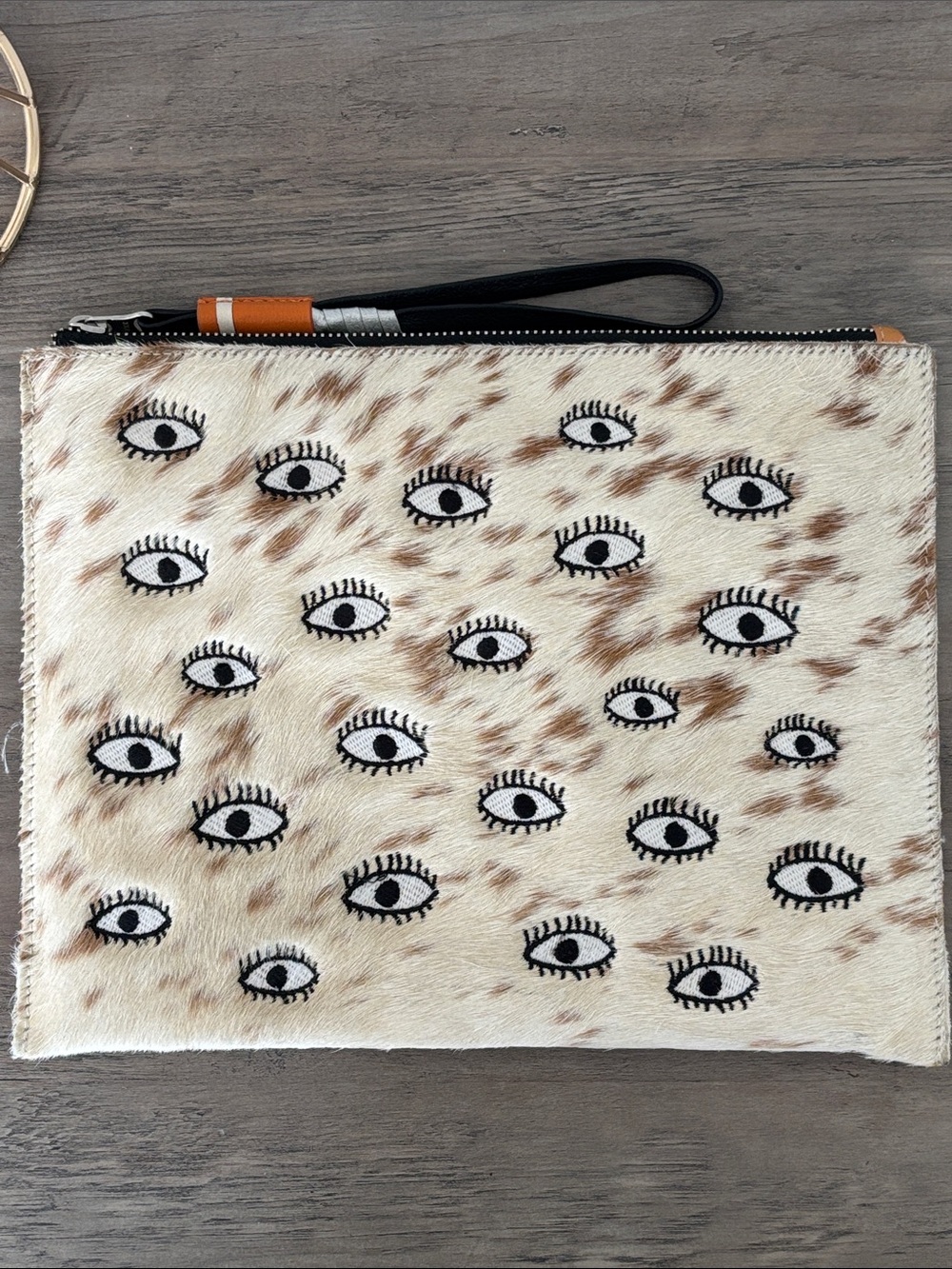 Min & Mon Cream Eye Print Wristlet Clutch in Cow Hide